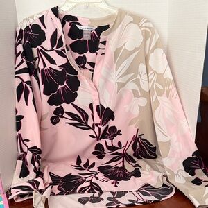 Nygard Floral Split-Neck Blouse in Pink, Black & Cream